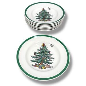 Spode Christmas Tree Bread Plates 6.5" White Green Trim Lot of 8 Round S3324L